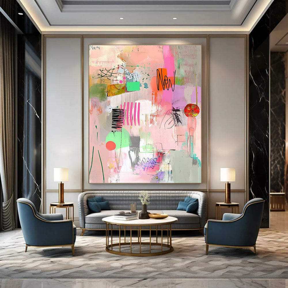 A large abstract painting featuring pink and green tones collage elements and visible brush strokes conveying a whimsical feminine sensibility.STSC649