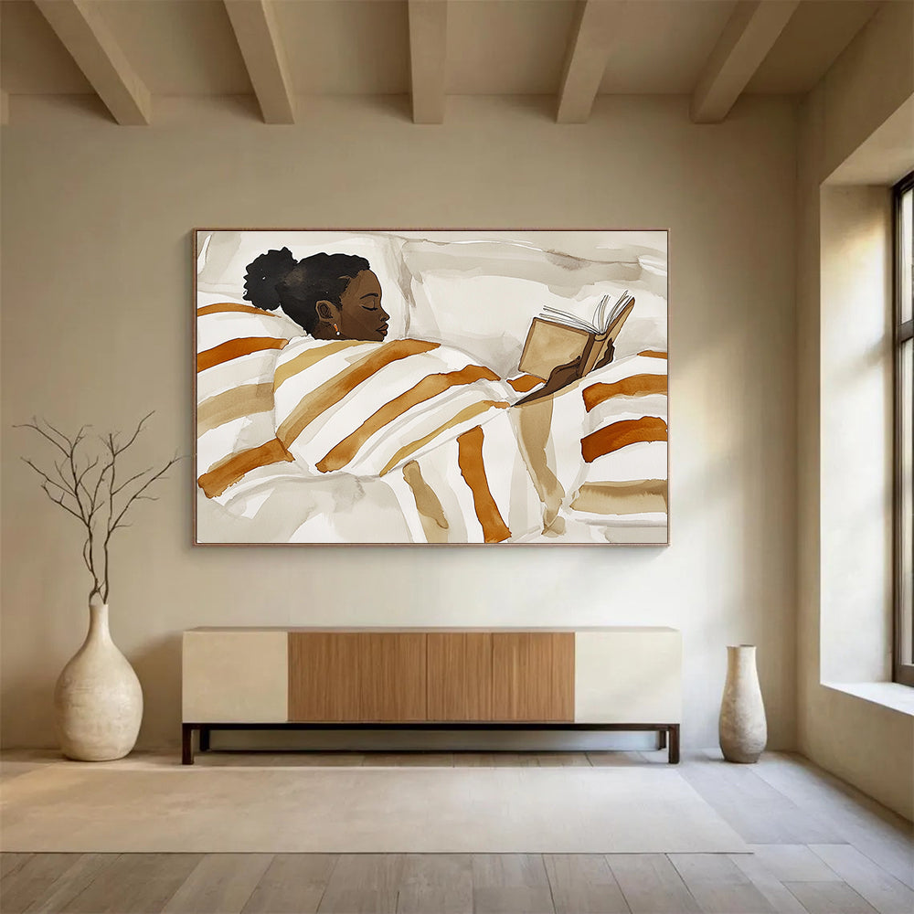 Abstract painting of an African American woman reading in bed with a striped blanket in a neutral color palette featuring simple shapes and minimalistic style.SC617