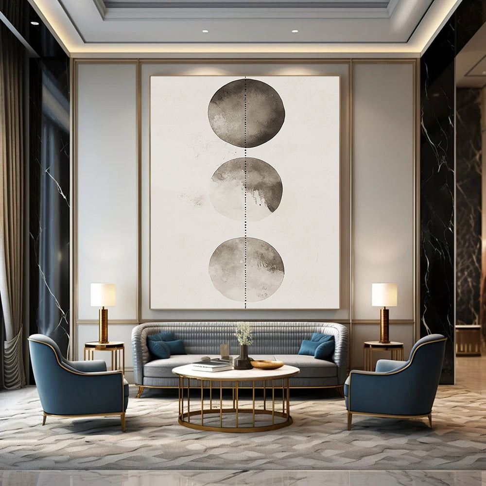 Large abstract watercolor and ink wash illustration featuring three shaded gray and white circles with dotted lines on a clean background.STSC1458