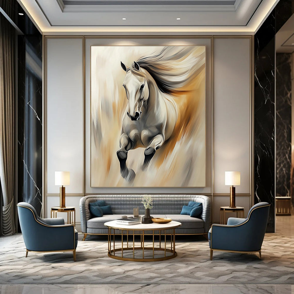 A large abstract painting of an elegant horse in soft colors featuring thick brush strokes and blurred edges with dynamic lighting effects.STSC896