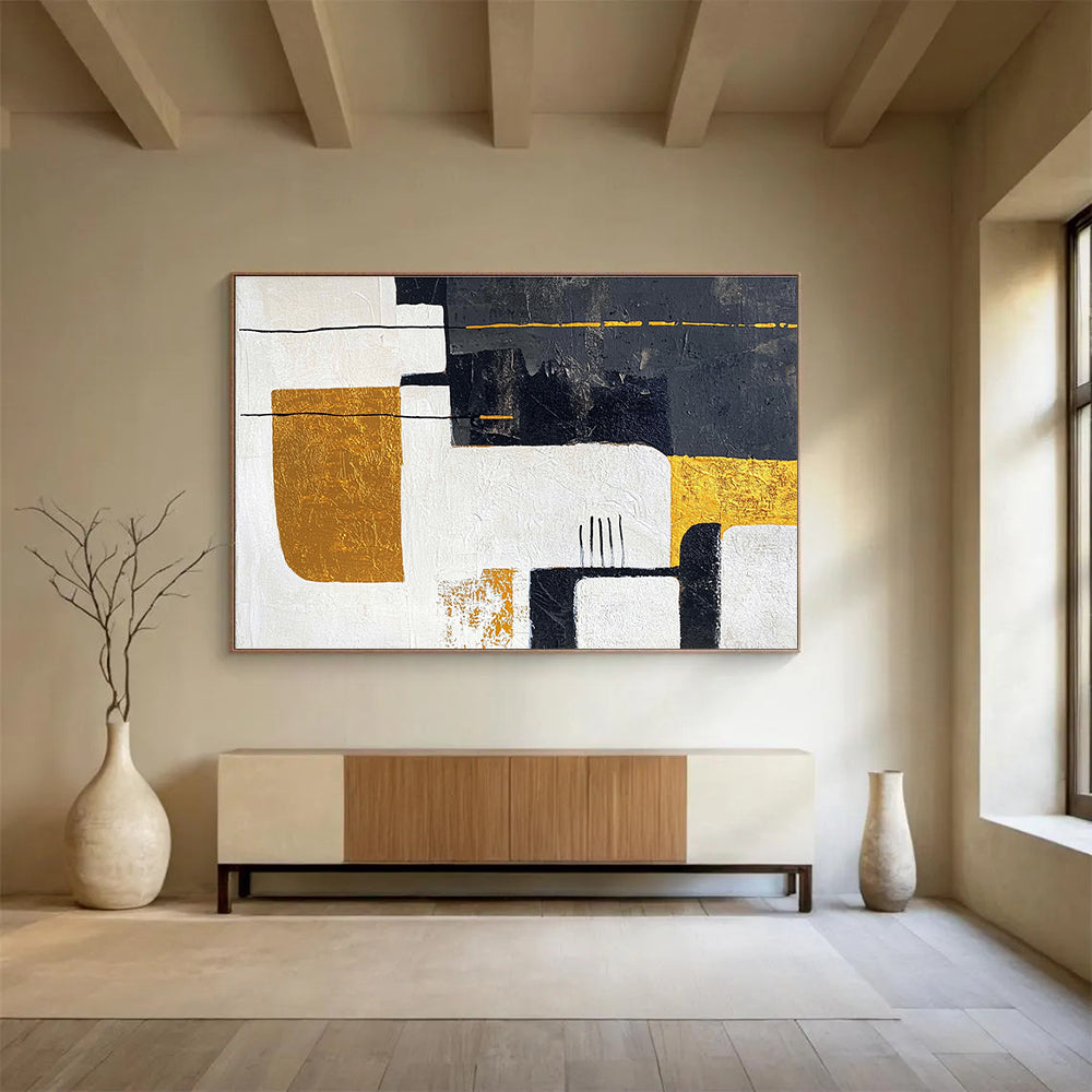 Black White Gold Abstract Painting with Geometric Elegance DYP425