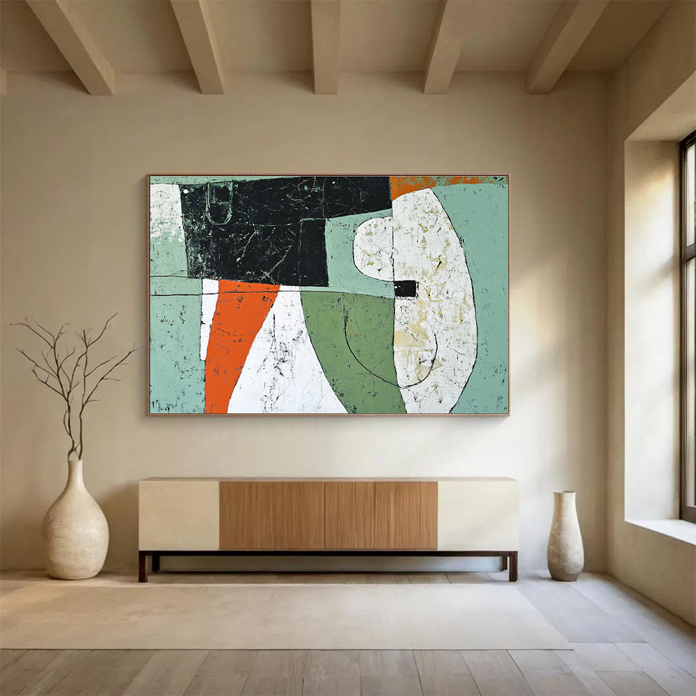 Geometric Forms Abstract Painting with Green Orange and White Tones DYP357