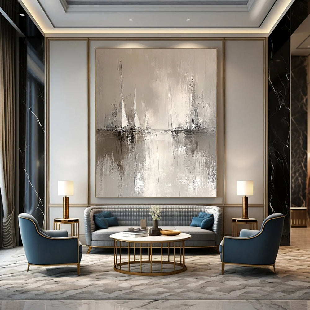 Large abstract painting in minimalist style features sailboats on the horizon with soft water reflections in neutral tones of white and grey.STSC231