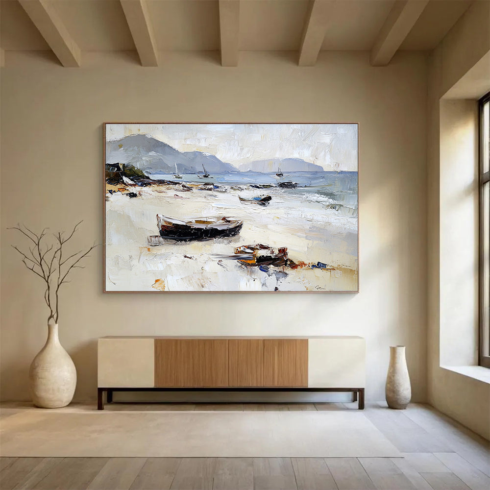 Beach with Boats Impasto Abstract Painting with Light and Neutral Tones DYP602