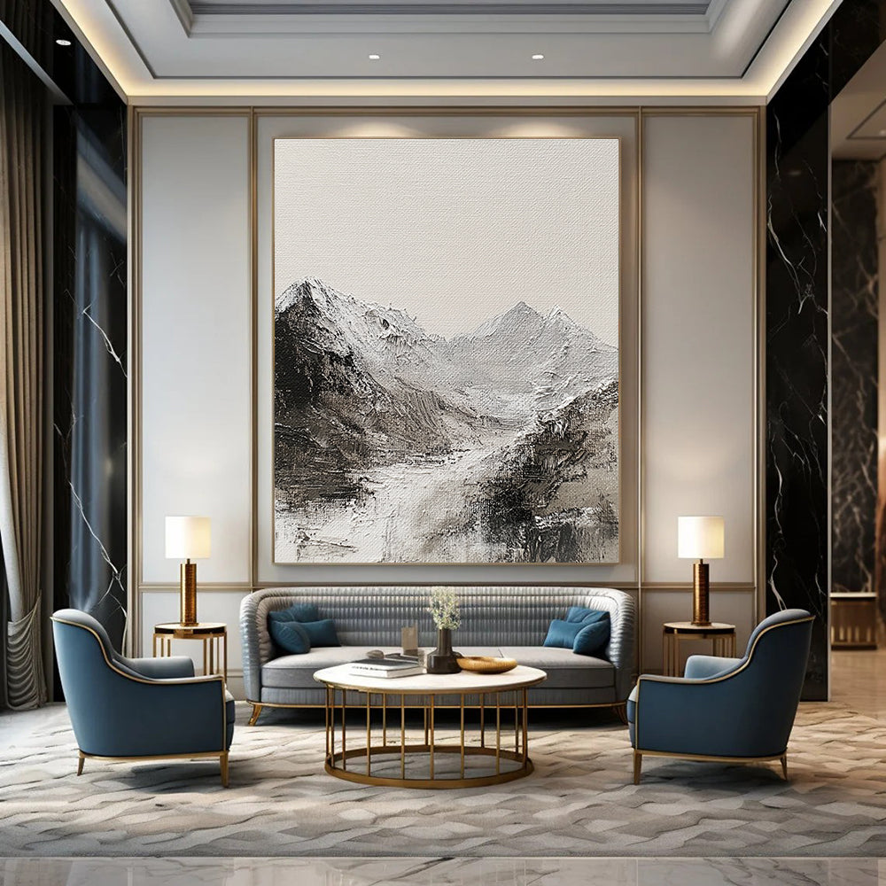 Large abstract painting of the English Lake District mountain range featuring textured canvas monochromatic gray and white oil paint abstract brush strokes.STSC642