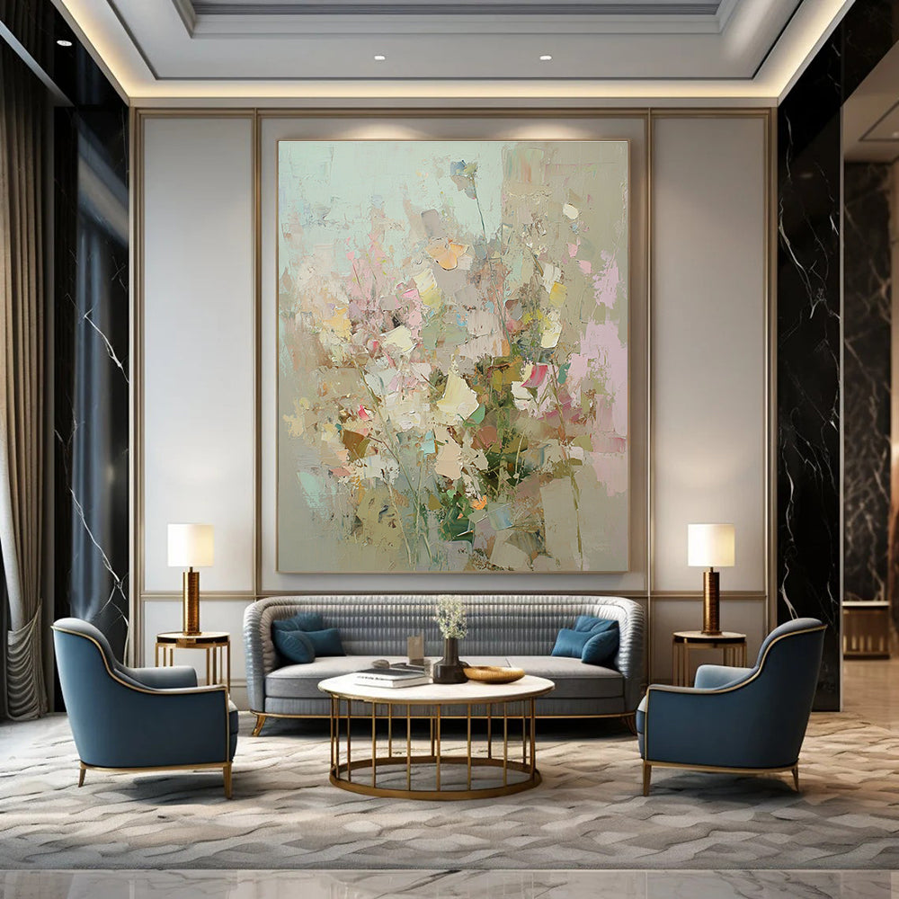 Large abstract painting of an overgrown garden with soft pastel colors and thick brushstrokes inspired by Peter Wileman and Cecily Brown.STSC588