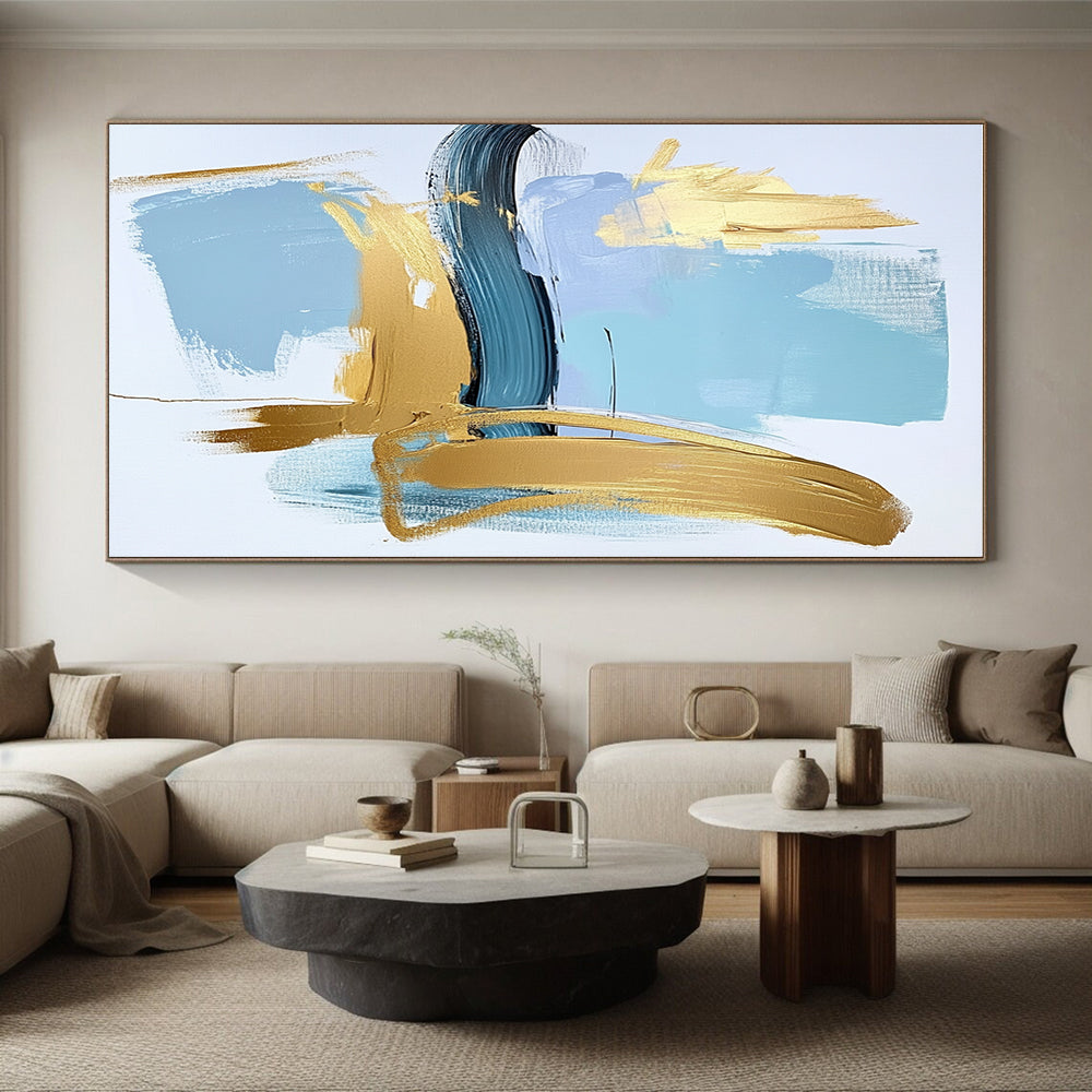 Blue and Gold Minimalist Abstract Painting with Bold Strokes GER582