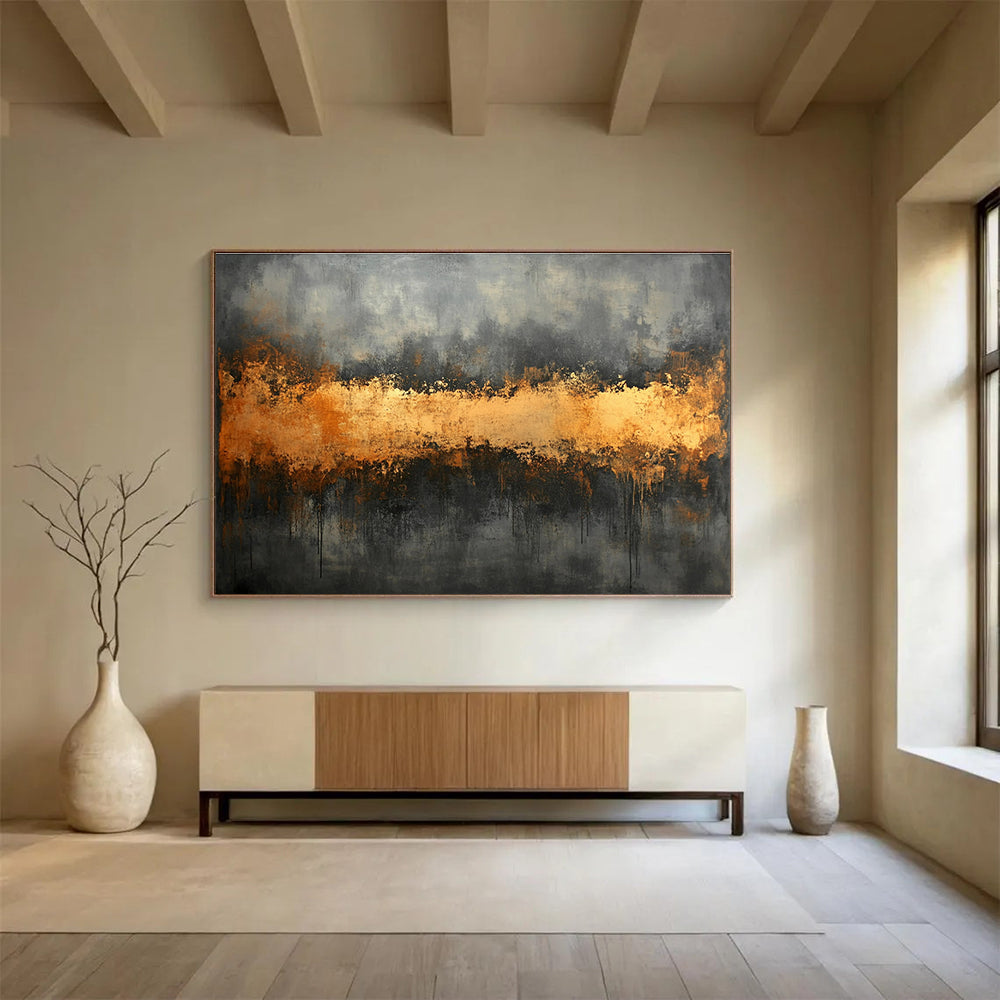Gray and Gold Abstract Painting with Dripping Textures DYP305