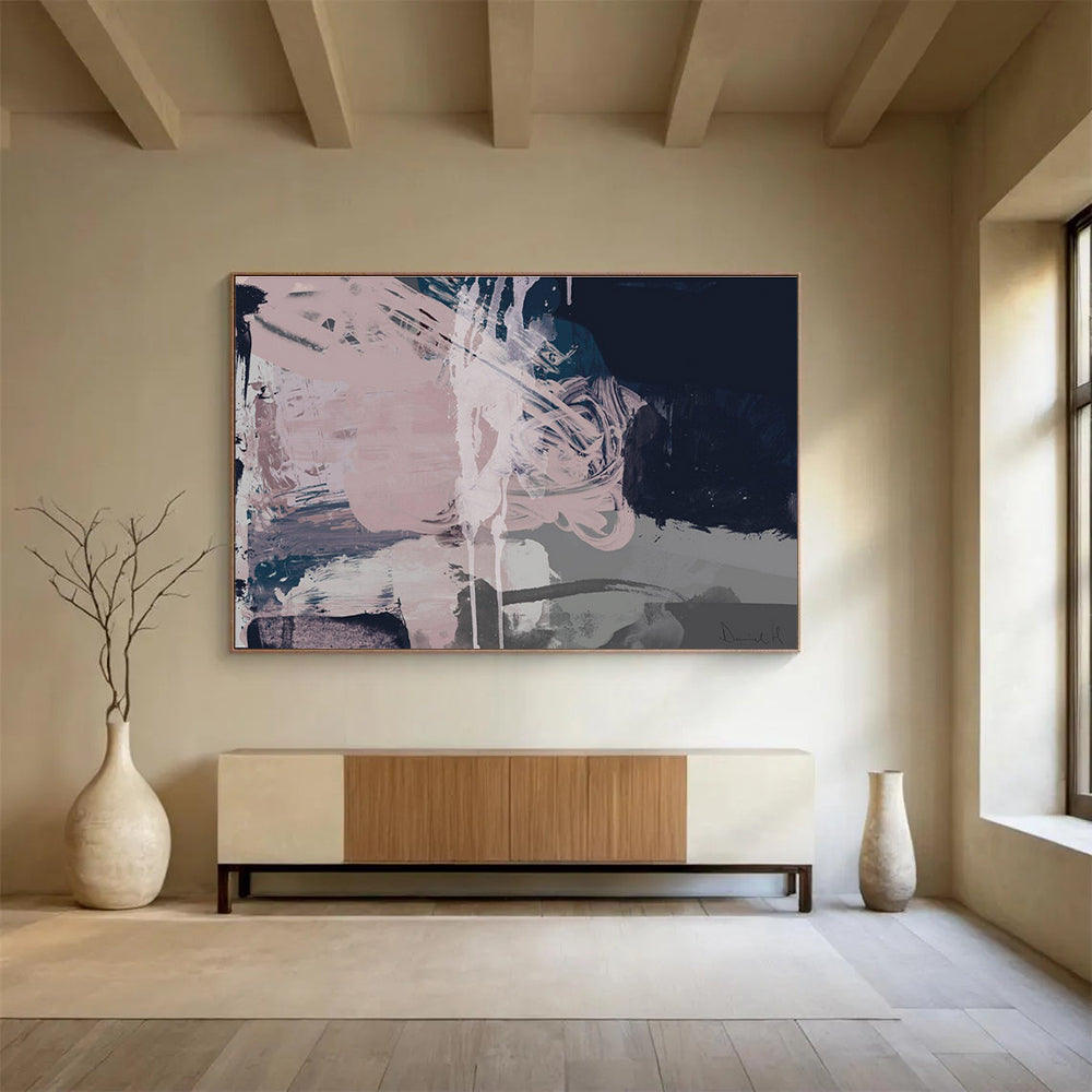 Pink and Grey Abstract Painting with Fluid Brushstrokes THY142