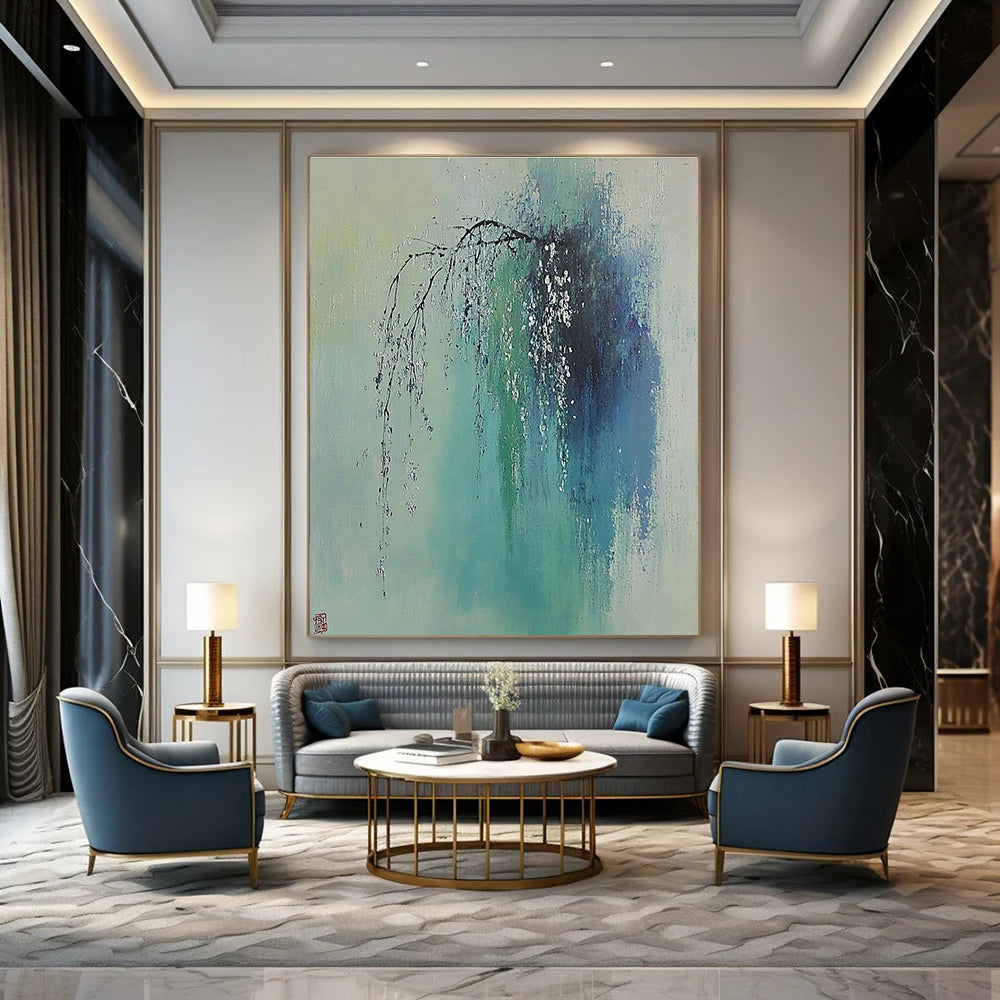 Large abstract painting of a willow tree with silver dewdrops soft colors and a misty rain in spring inspired by Zao Wou-Ki.STSC1038