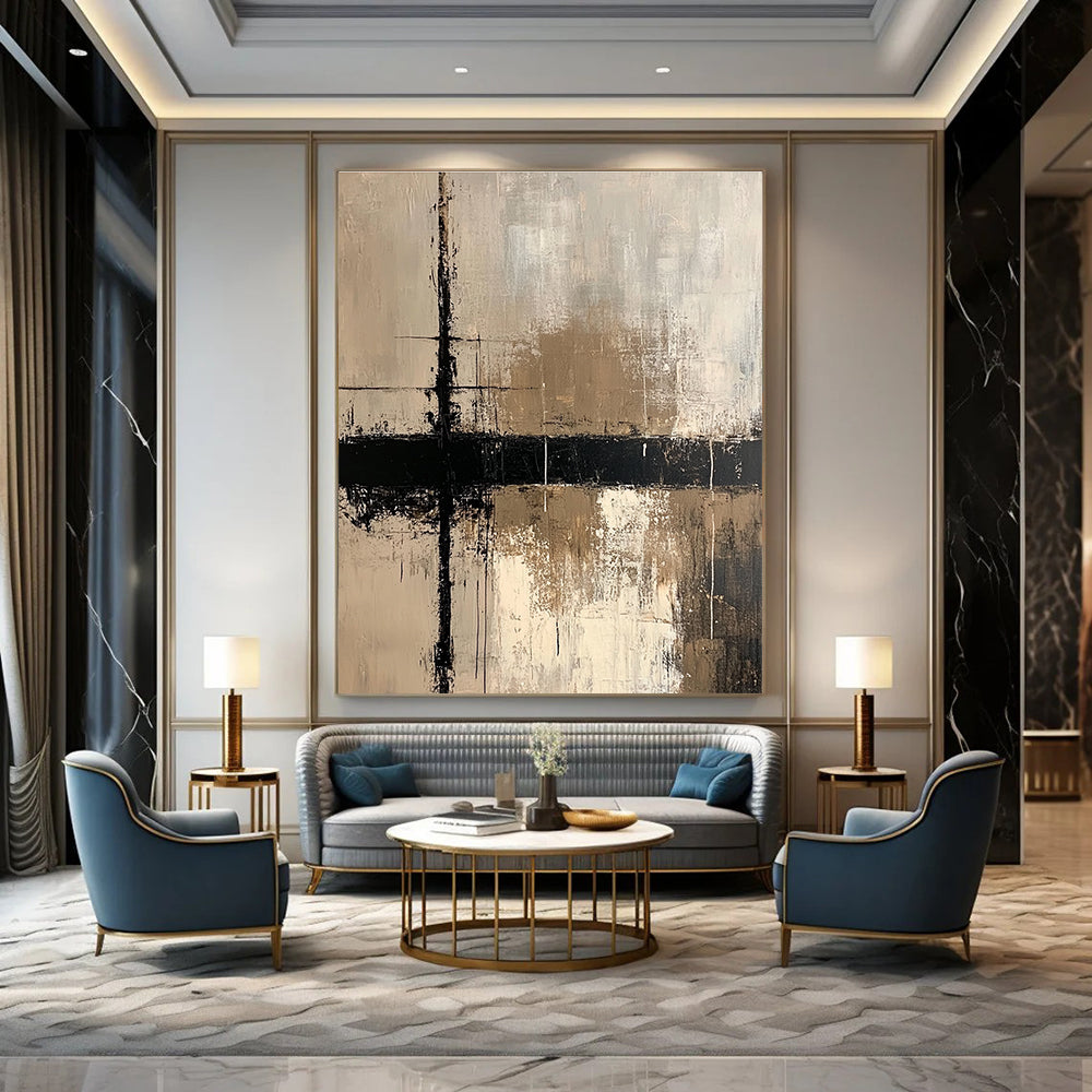 Large abstract painting with beige white and black lines on dark gray textured background featuring a prominent cross evoking tranquility and mystery.STSC437