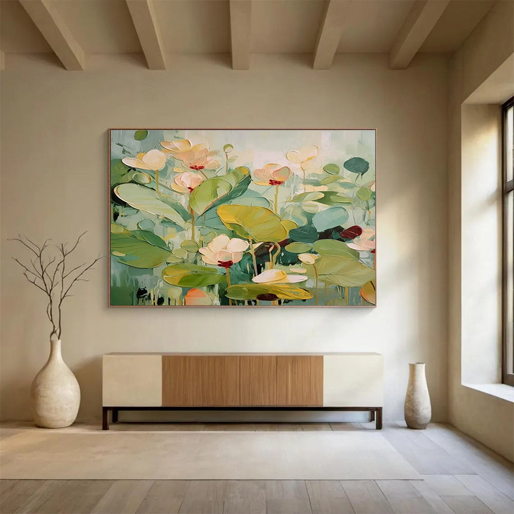 Green and Pink Tones Lotus - themed Abstract Painting THY088