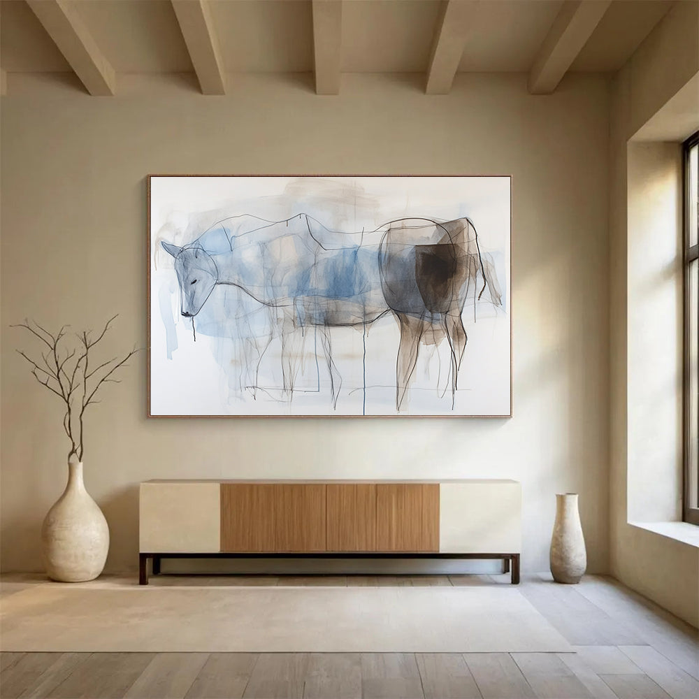 Line Drawing Horse Abstract Painting with Blue and Brown DYP329