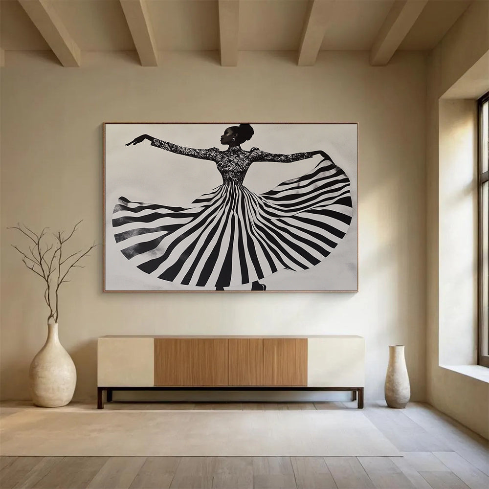 An abstract painting featuring a woman in a striped dress twirling, capturing movement and texture against a light gray background.SC426