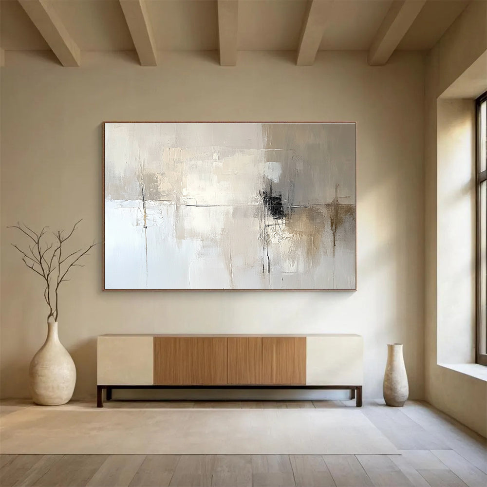 Large abstract painting in soft tones features a neutral color palette against a calming background, perfect for enhancing any space with artistic elegance.SC291