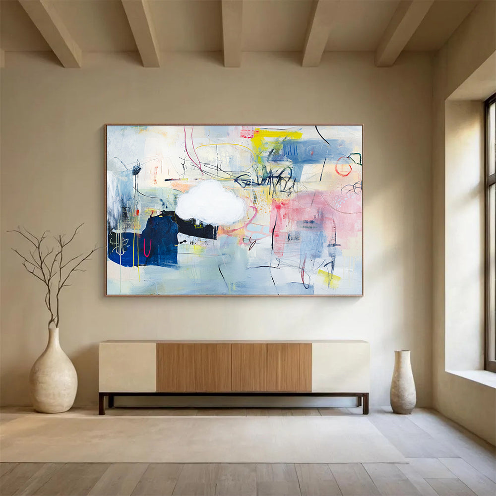 Large abstract painting featuring playful shapes and lines on a light blue background with mixed media collage elements and vibrant textural accents.SC477