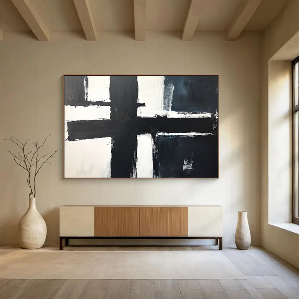 Large abstract painting in black and white featuring a central cross, inspired by John Blackwood, simple modern aesthetic with bold strokes.SC018