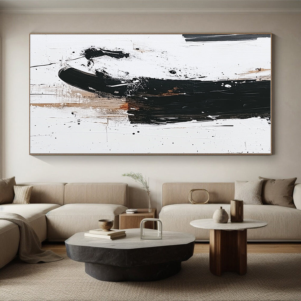 Black Beige and White Abstract Painting with Expressive Splatters GER638