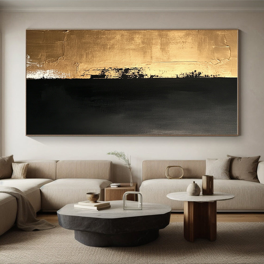 Gold and Black Textured Divide Abstract Painting with Contrasting Hues GER019