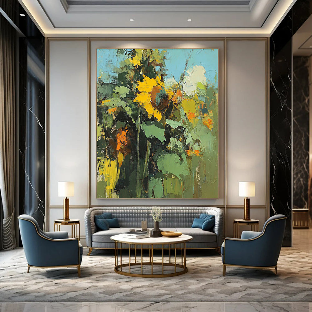 Large abstract painting of sunflowers featuring blurry details and rough brushstrokes in a colorful high resolution format.STSC335