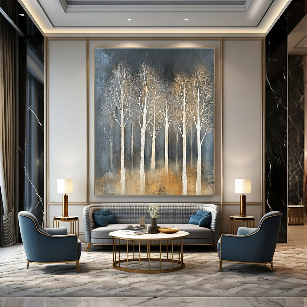 Large abstract painting featuring trees with white branches on a textured canvas in muted tones against a dark gray background.STSC353