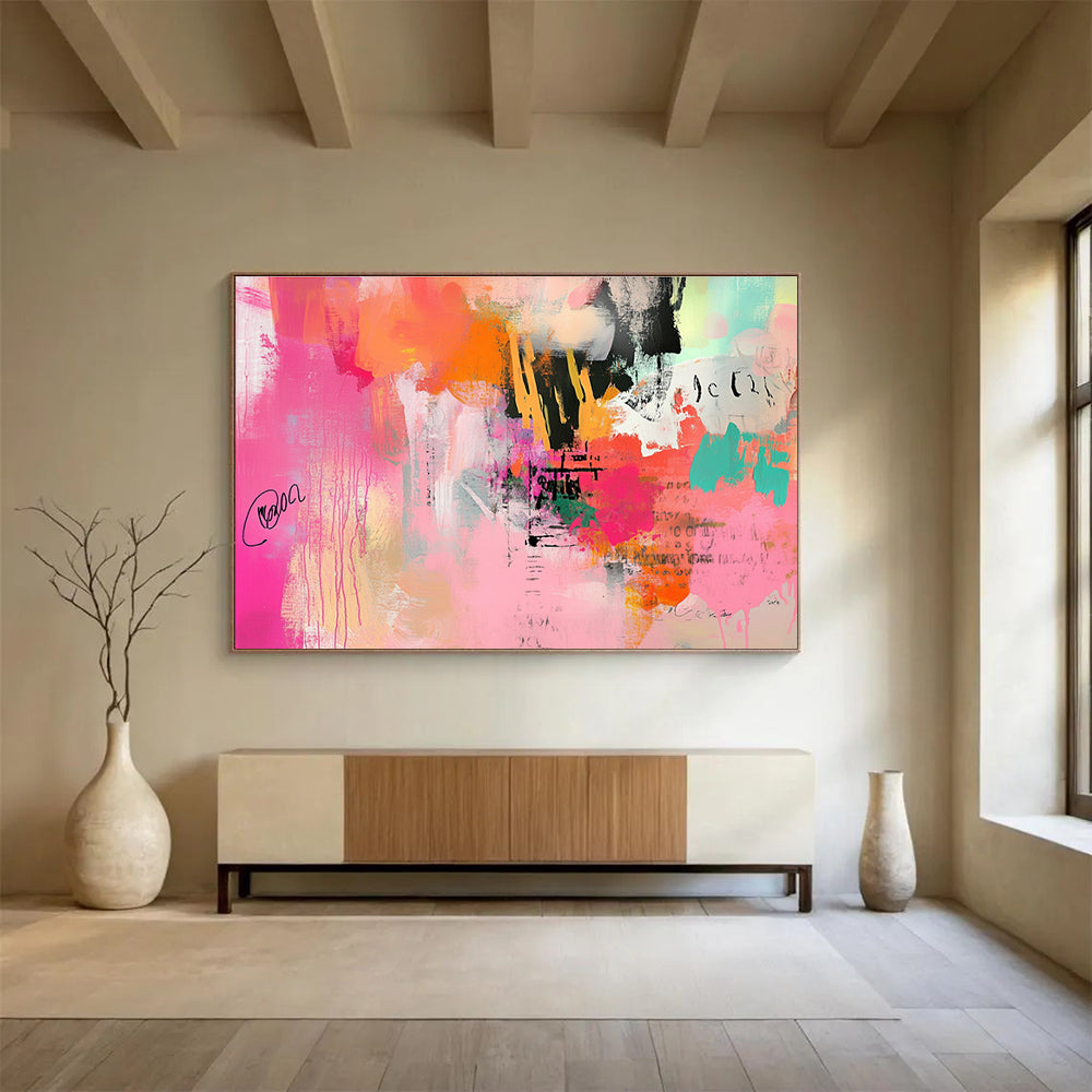 An abstract expressionist painting featuring chaotic brush strokes and soft gradients in pinks and oranges, creating vibrant energy and depth.SC309