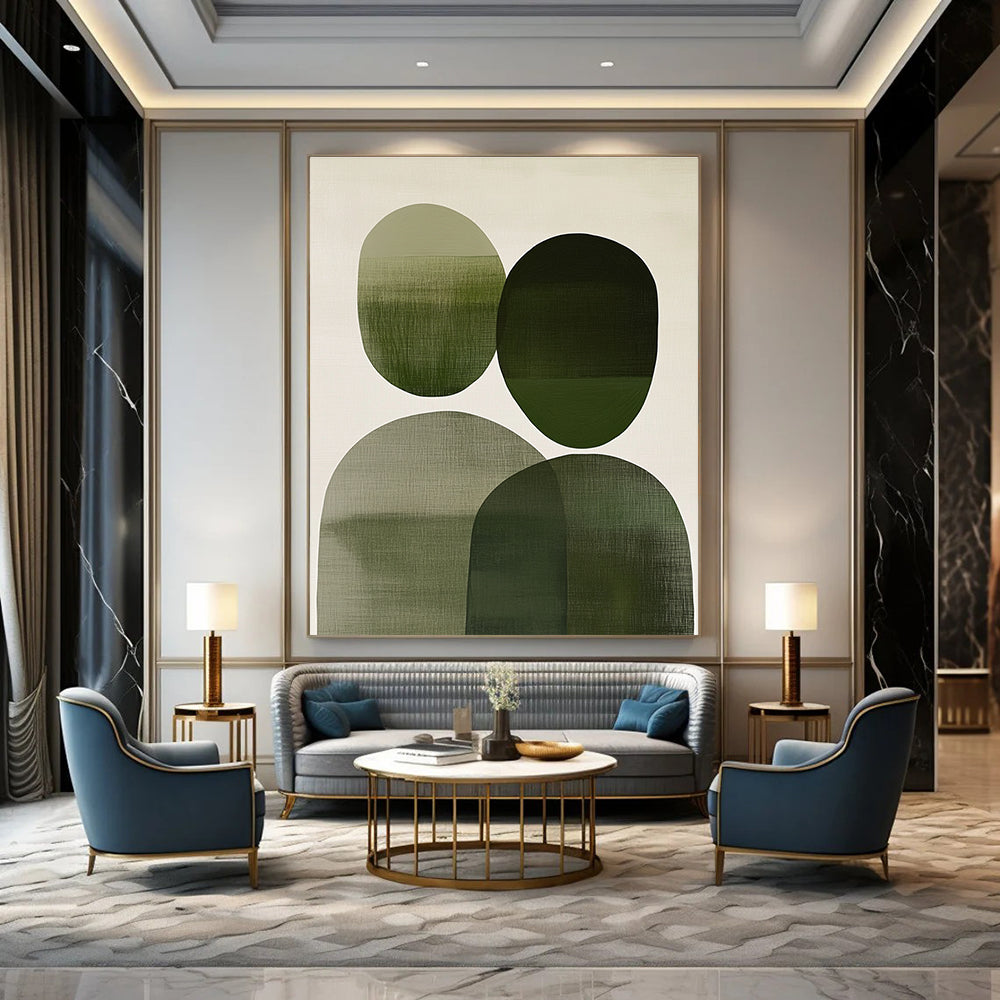 Large abstract painting with overlapping green and gray circles on off-white evoking connection and tranquility, ideal for home decor.STSC1083