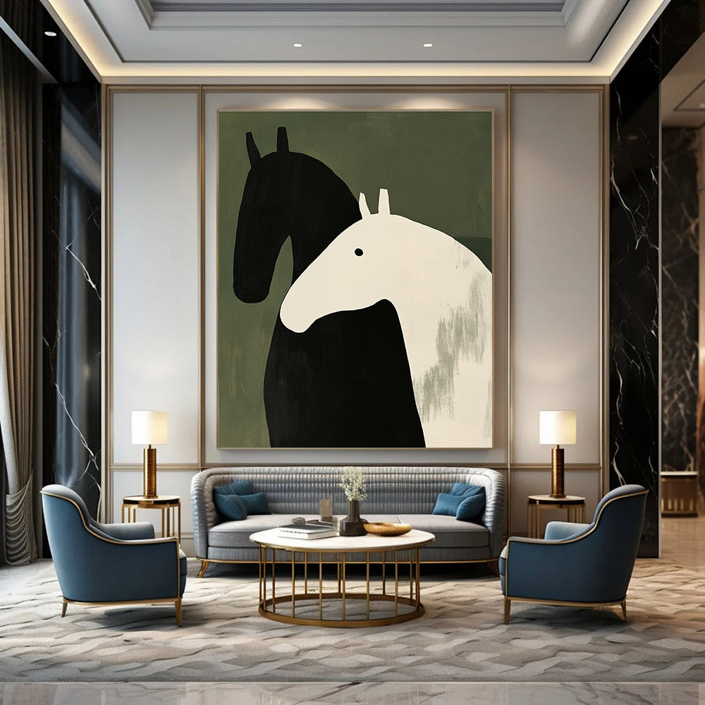 Large abstract painting featuring two horses in black and white with thick brushstrokes on a green background inspired by Henri Matisse's minimalism.STSC1077