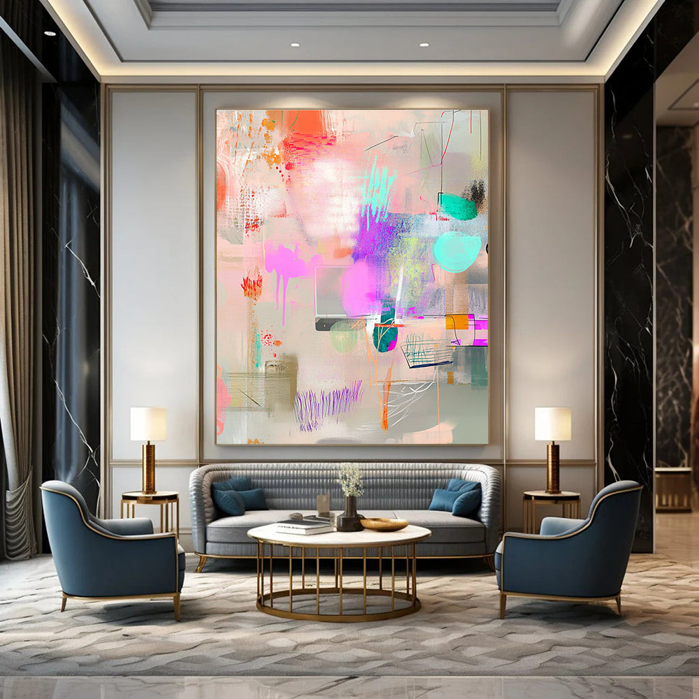 Large abstract painting featuring pastel colors and whimsical shapes on a light gray background ideal for creating a cheerful atmosphere in any space.STSC1025