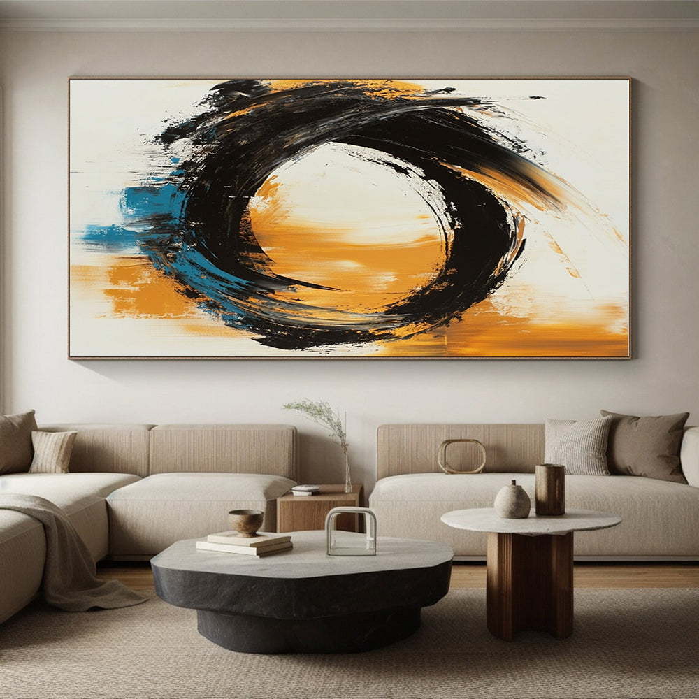 Black Orange Blue Abstract Painting with Dynamic Swirls GER767