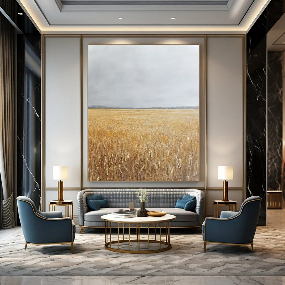 Large abstract oil painting depicting a large wheat field under a grey sky with yellowing grass tones.STSC1034