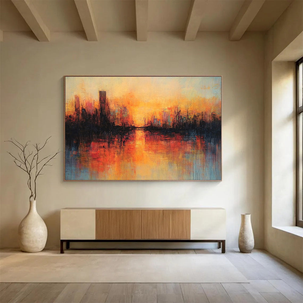 Cityscape Sunset Abstract Painting with Warm Color Palette DYP198