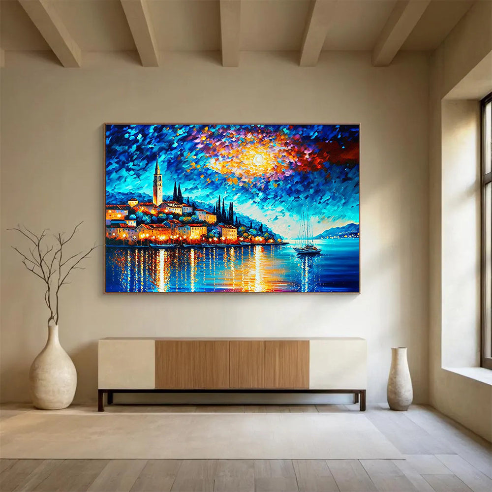 Moonlit Harbor Abstract Painting with Deep Blues and Warm Glows THY300