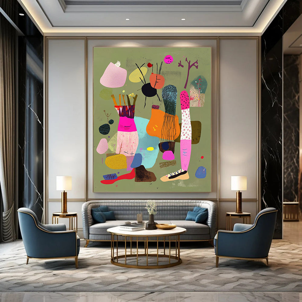 A large abstract collage featuring colorful legs with shoes and ropes against a light greenish brown background embellished with pink accents and floating fabric.STSC972