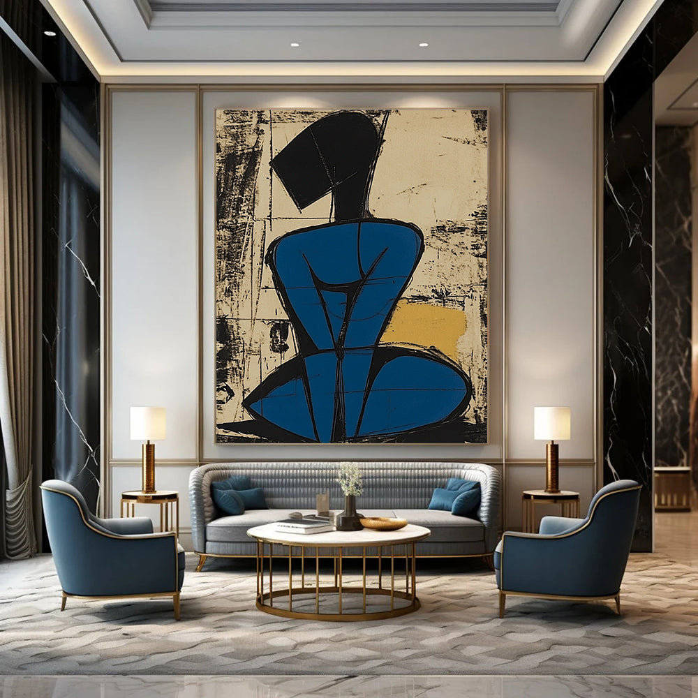 Abstract painting featuring a blue-bodied figure with simplified lines and short hair sitting on her knees against a vibrant background.STSC984