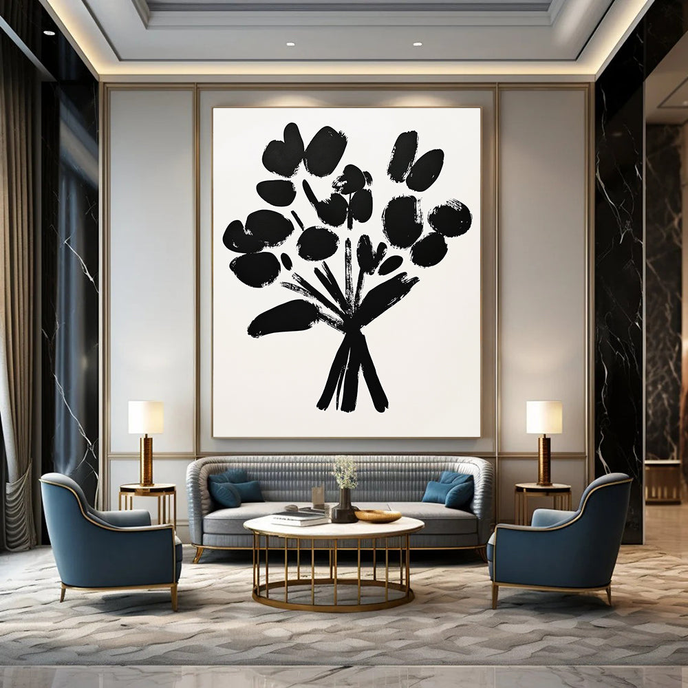 A large abstract painting featuring a bouquet of flowers with black brush strokes on white paper in a simple and minimalistic drawing style.STSC924