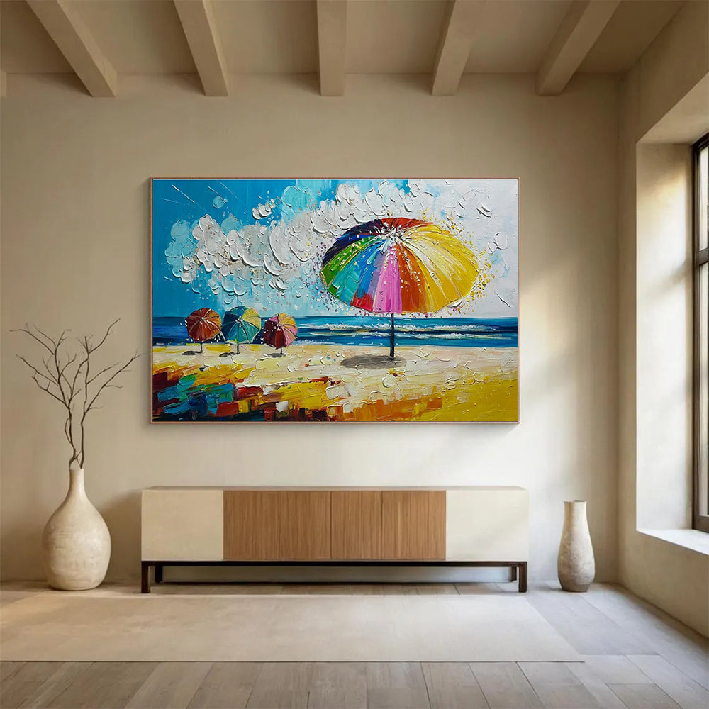 Beach Umbrella Joy Abstract Painting with Bright Coastal Tones THY291