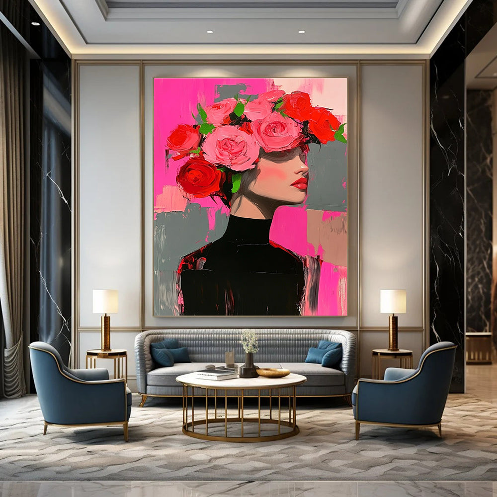 Abstract painting of a woman in a black dress adorned with pink and red roses, set against a pink and grey background.STSC1392