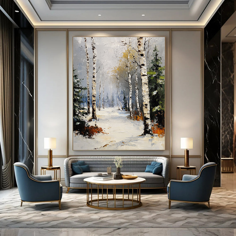 Abstract painting of a winter birch forest with pines under a grey sky and snowfall featuring thick impasto brush strokes.STSC1381