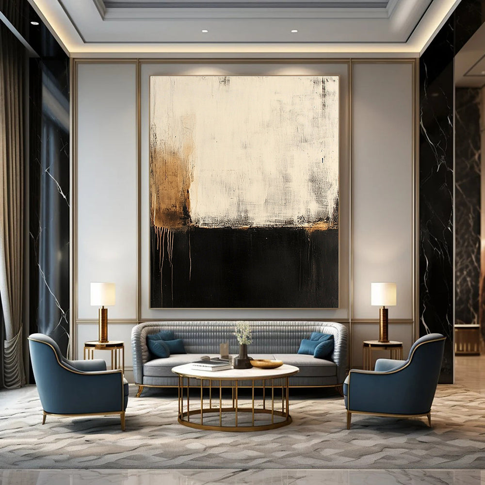 Large abstract painting of a serene old wall with peeling paint and rusted accents in soft muted tones of black gray and gold.STSC606