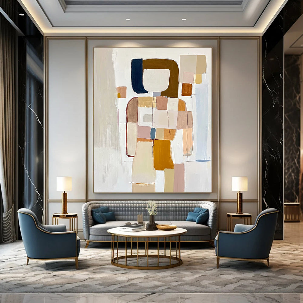 Large abstract painting featuring textured geometric shapes in pastel beige pink and blue on a soft white background creating a sense of movement and depth.STSC241