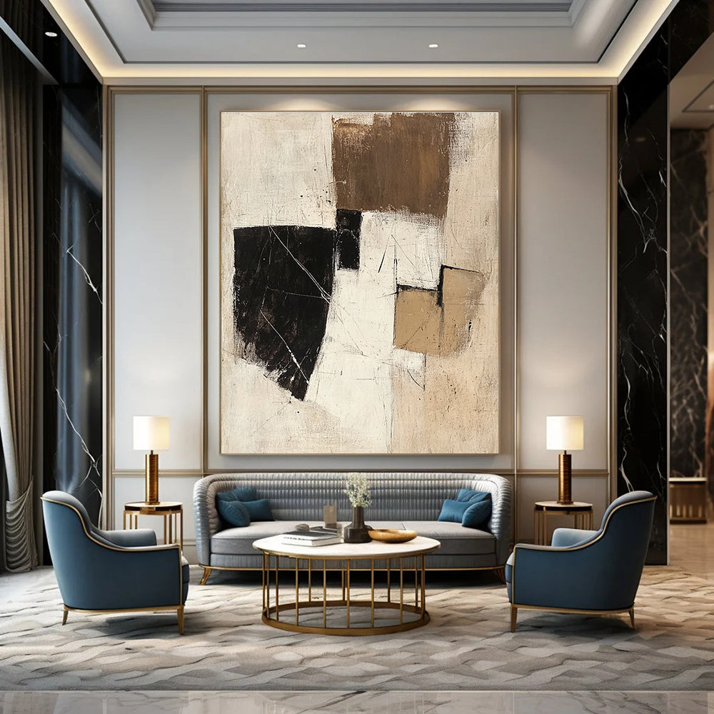 Large abstract painting in beige white and black featuring small brown squares and textured brush strokes evokes calmness and a mysterious spacecraft atmosphere.STSC738