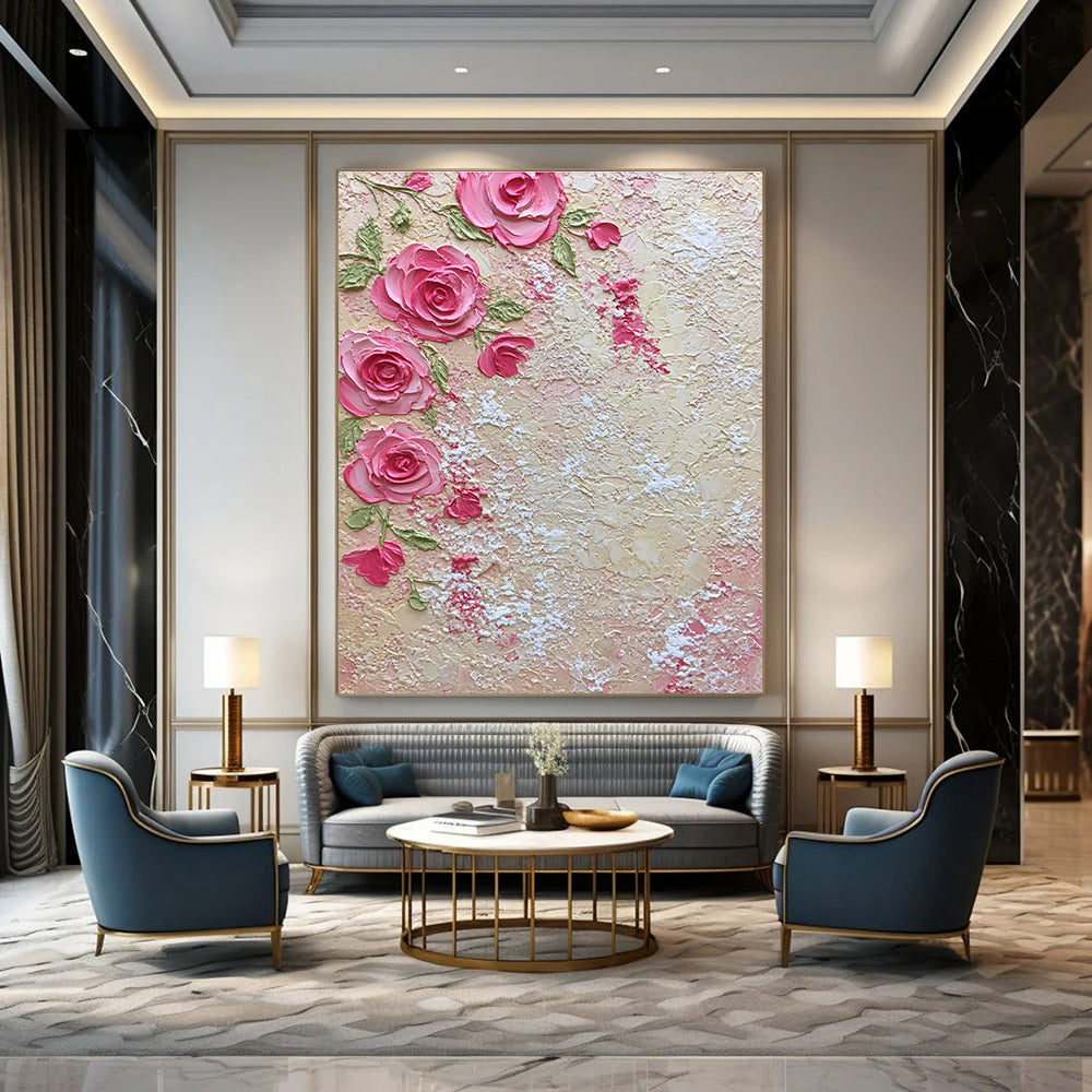 A large abstract painting featuring pink roses and green leaves with lace-like textures evokes romance and elegance for home decor.STSC931
