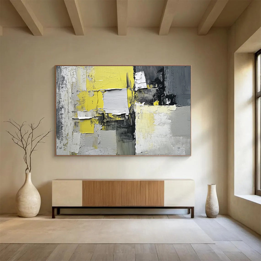 Yellow Gray and White Abstract Painting with Textured Patches DYP399