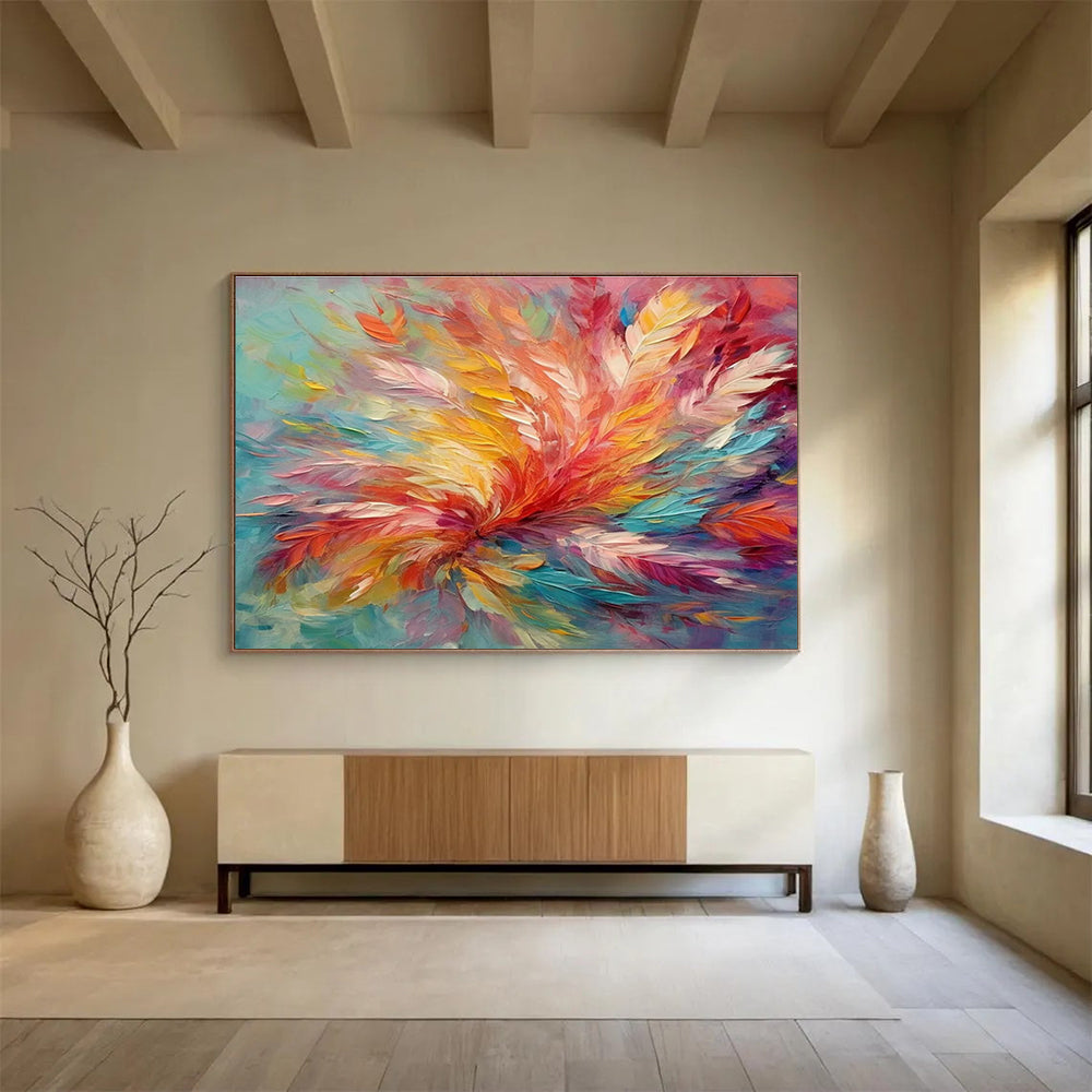 Feather - Like Color Burst Abstract Painting with Soft and Bold Tones THY302