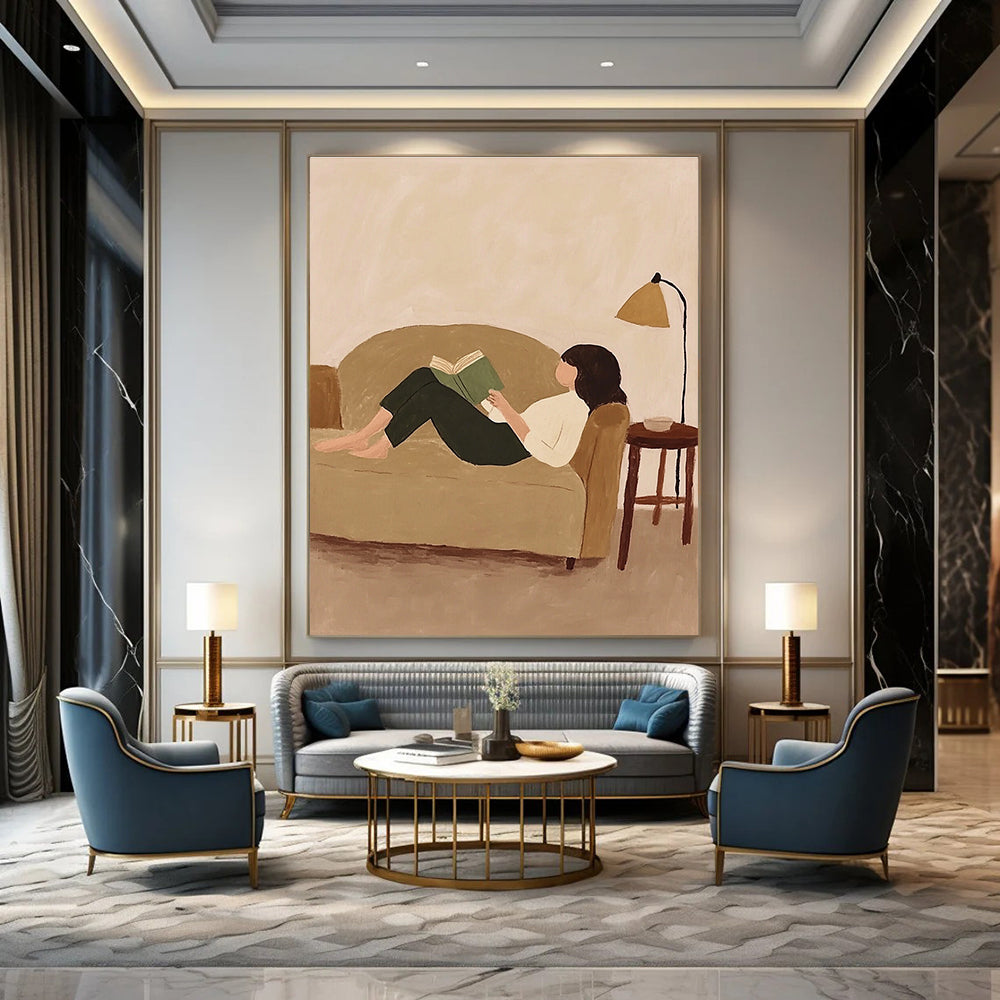 A large abstract painting featuring Krent-7 with whimsical patterns and vibrant fabric scraps on a beige background.STSC1262