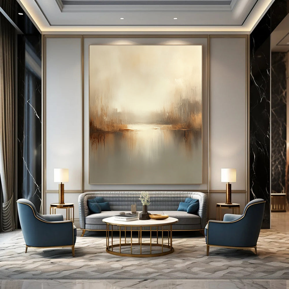 Large abstract painting in soft beige and gray tones with blurred edges and tranquil mood creates a serene atmosphere for modern art lovers.STSC102