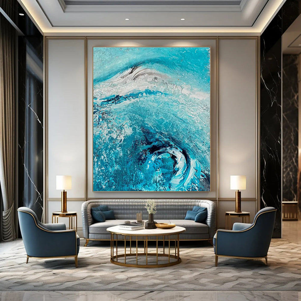 Turquoise Wave Abstract Painting with Swirling Textures ADGE469