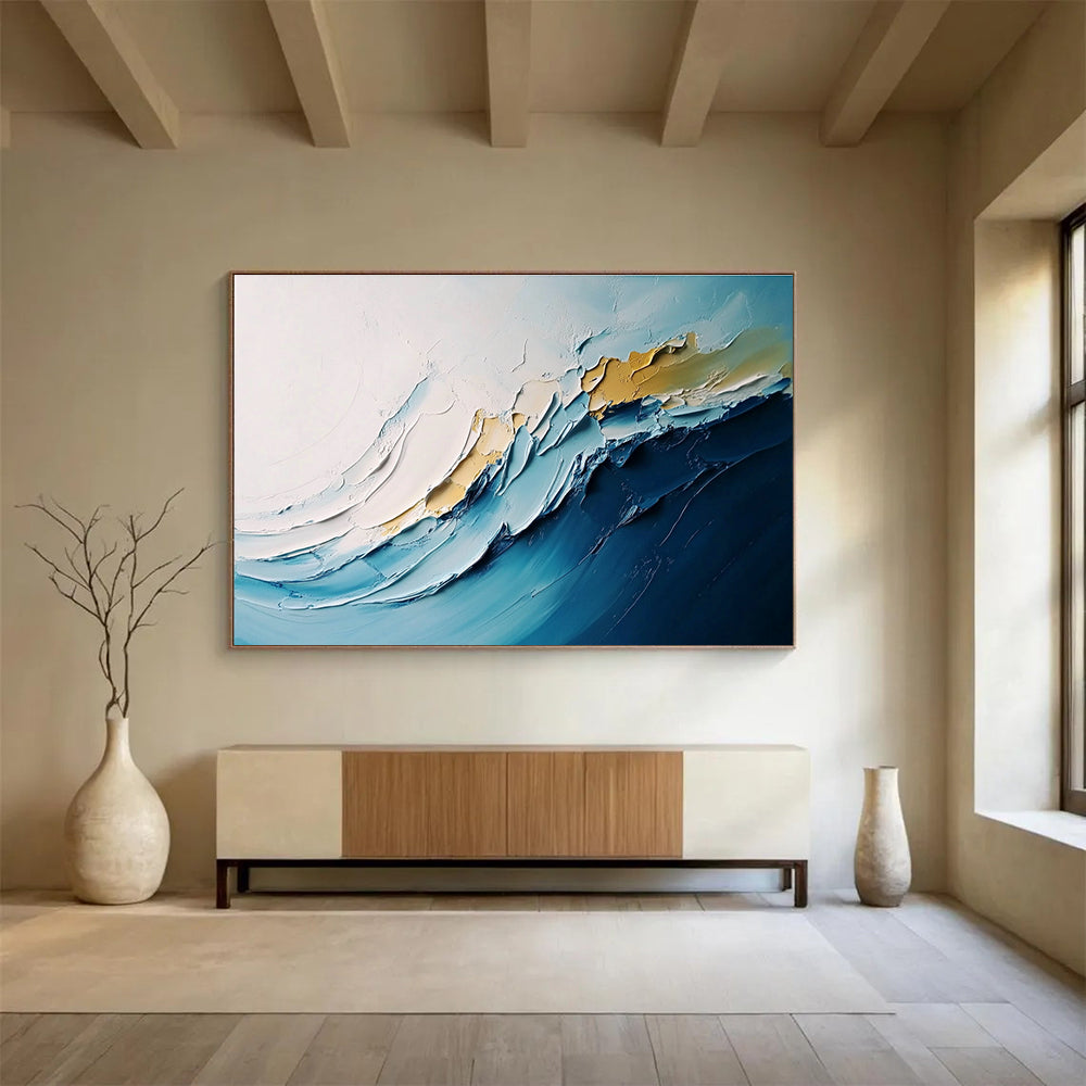 Large abstract waves painting with thick impasto layers in white and blue hues, perfect for modern decor.SC368