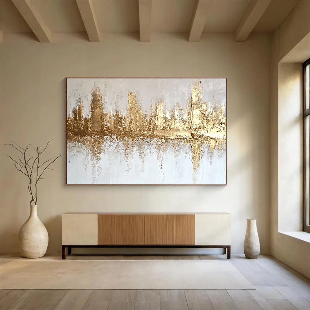 Gold and White Cityscape Abstract Painting with Textured Gold Accents DYP312